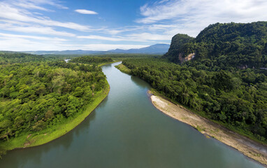 Aerial view of river and mountain in Kanchanaburi, Thailand