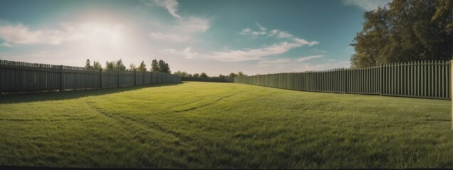Wide angle panoramic view of a wooden green fence on lawn with grass from Generative AI