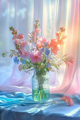 Gentle sunlight filters through sheer curtains illuminating a bouquet of Spring flowers in a glass vase
