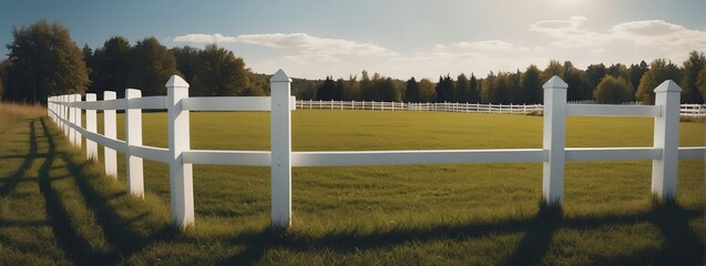 Wide angle panoramic view of a wooden white fence on lawn with grass from Generative AI