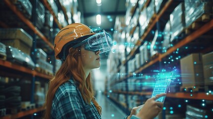 Futuristic Technology Warehouse Concept: Female Worker Doing Inventory, Using Augmented Reality Application On Tablet. Woman Analyzes Digitalized Products Delivery Infographics.