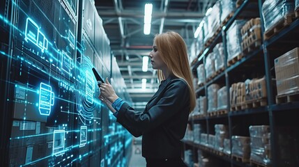 Futuristic Technology Warehouse Concept: Female Worker Doing Inventory, Using Augmented Reality Application On Tablet. Woman Analyzes Digitalized Products Delivery Infographics.
