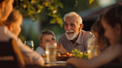 Happy Senior Grandfather Talking and Having Fun with His Grandchildren, Holding Them on Lap at a Outdoors Dinner with Food and Drinks. Adults at a Garden Party Together with Kids. - obrazy, fototapety, plakaty