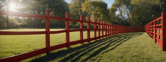 Wide angle panoramic view of a wooden red fence on lawn with grass from Generative AI
