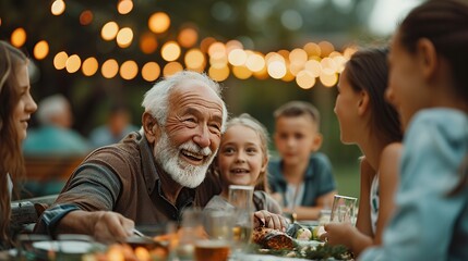 Happy Senior Grandfather Talking and Having Fun with His Grandchildren, Holding Them on Lap at a Outdoors Dinner with Food and Drinks. Adults at a Garden Party Together with Kids.