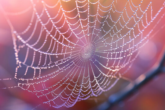 Shimmering Dew Drops Delicately Adorn a Finely Woven Spider Web during Sunrise
