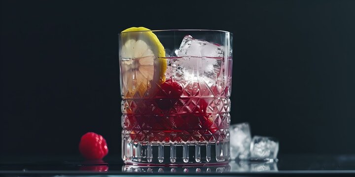 Refreshing cocktail in a clear glass with ice, garnished with fruit. elegant beverage presentation. perfect for menu visuals. ideal for summer ads. AI