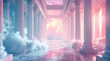 Dreamy digitally created scene of a temple with pastel-colored columns and clouds floating across a marble floor