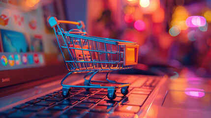 Mini shopping cart on laptop keyboard, concept for online shopping and e-commerce. - obrazy, fototapety, plakaty