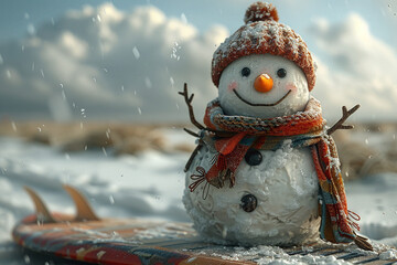 Cheerful snowman with a scarf and hat, standing on a snowy landscape with gentle snowfall.