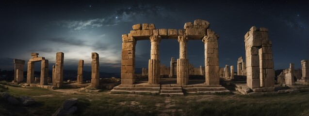 Fototapeta premium Wide angle panoramic view of an old ancient ruins with night cloudy sky from Generative AI