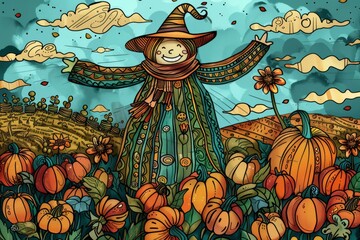 Cartoon cute doodles of a scarecrow standing guard over a field of pumpkins in the garden, Generative AI