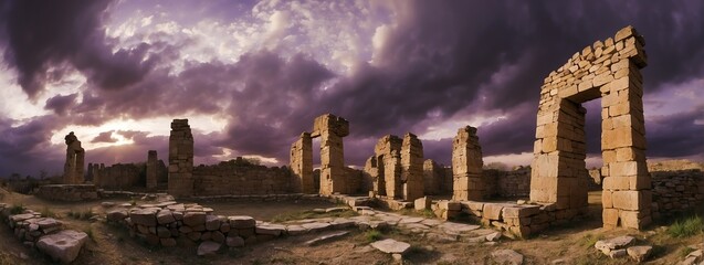 Fototapeta premium Wide angle panoramic view of an old ancient ruins with purple cloudy sky from Generative AI