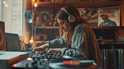 Asian young audio DJ woman sing a song on microphone to broadcasting. Attractive beautiful female blogger influencer wearing headphones and recording - Powered by Adobe