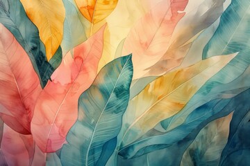 Illustration of composition of tropical colorful leaves in soft pastel watercolors, natural background