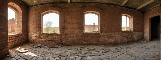 Fototapeta na wymiar Wide angle panoramic view of an old ruined vintage brick wall from Generative AI