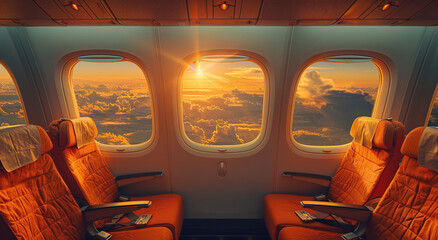 Airplane cabin interior with empty seats and a view of a stunning sunset through the windows.