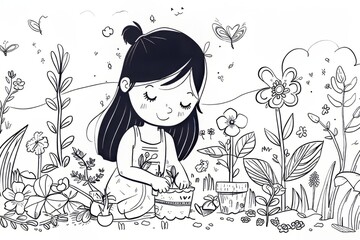 Cartoon cute doodles of a little girl planting flowers in her backyard garden, Generative AI