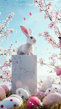 Easter illustration of a scene full of holiday decorations, easter eggs in natural environment