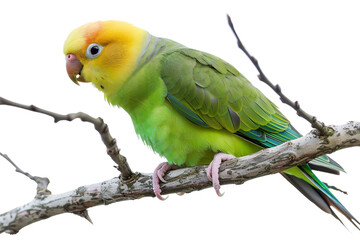 Colorful Parrot Perched on Tree Branch on Transparent Background.