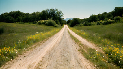 Fototapeta na wymiar analog-style-photography-capturing-a-dirt-road-bisecting-an-enclosure-surrounded-by-a-multitude