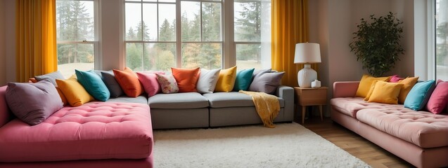 Wide angle panoramic view of cozy colorful couch with pillows on living room area background from Generative AI