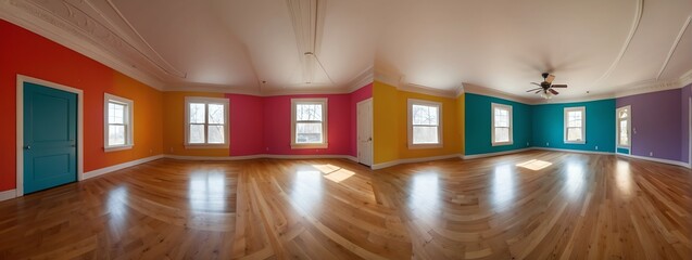Wide angle panoramic view of colorful walls on large empty room from Generative AI