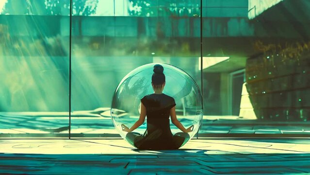 Woman meditating in a transparent bubble - calmness and wellbeing concept image