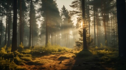 Enchanted Forest Path at Sunrise Sunbeams Dancing Through Mist Background