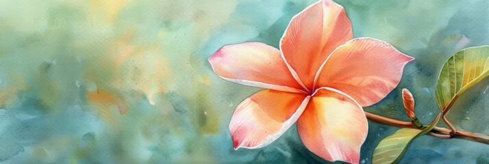 Illustration of close-up of a tropical flower a frangipani in watercolor in soft translucent hues. Delicate floral tropical bloom.