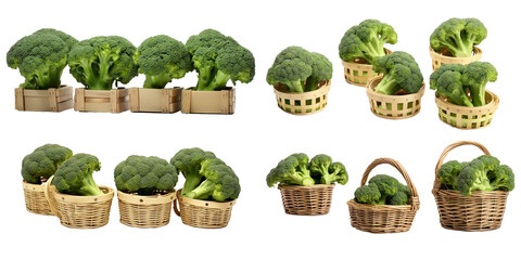 Collection of broccoli in wooden basket isolated on a white background as transparent PNG