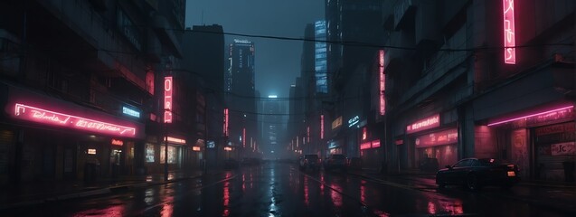 Fototapeta na wymiar Wide angle panoramic view of noir neon lights theme dark futuristic cyberpunk city street from Generative AI