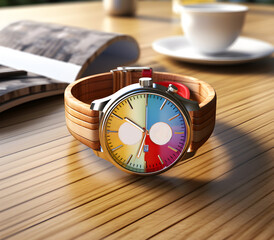 View of Beautiful wristwatch on a wooden table