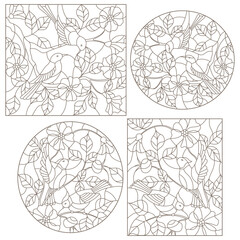 Set contour illustrations of stained glass with birds, dark outlines on a white background