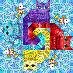 Stained glass illustration with bright geometric cats on a blue background