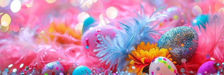 A bright and cheerful wide banner with sparkling decorations and feathers in festive