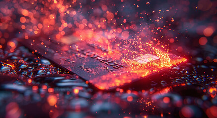 Close-up of a credit card with sparkling water droplets and red bokeh lights, suggesting online shopping or finance concept.