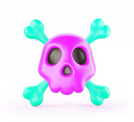 Skull with crossbones 3d render icon. Warning sign of toxic and poison substances, danger of death, attention emblem. Cartoon color isolated symbol of fearlessness for game, halloween. 3D illustration