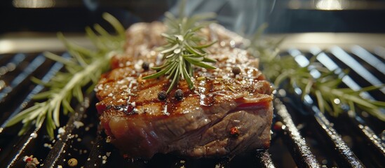 A succulent piece of meat is being cooked on a grill with fragrant rosemary, creating a comforting dish full of flavor and aroma.