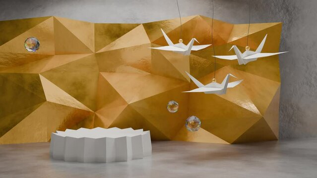 Origami birds and gold textured wall as a background. Mockup scene for product presentation, sale promition, advertising, marketing material. Looping animation.
