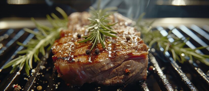 A succulent piece of meat is being cooked on a grill with fragrant rosemary, creating a comforting dish full of flavor and aroma.