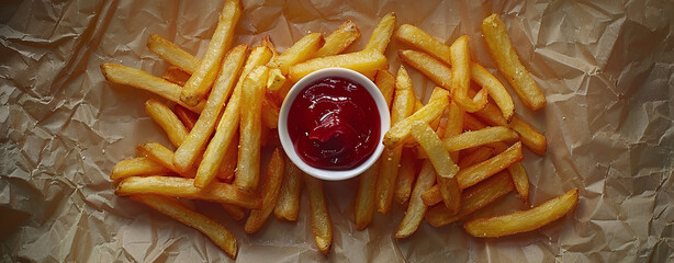 Crispy golden french fries with ketchup on parchment paper, top view. Fast food concept.