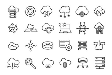 Set of line icons related to server and cloud computing, cyber security, digital transformation. Thin line web icon set.