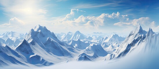This painting depicts a majestic snowy mountain range, with snow-covered peaks rising high into the...