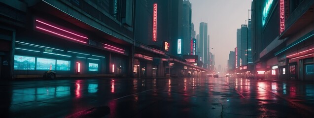 Fototapeta na wymiar Wide angle panoramic view of teal neon lights theme dark futuristic cyberpunk city street from Generative AI