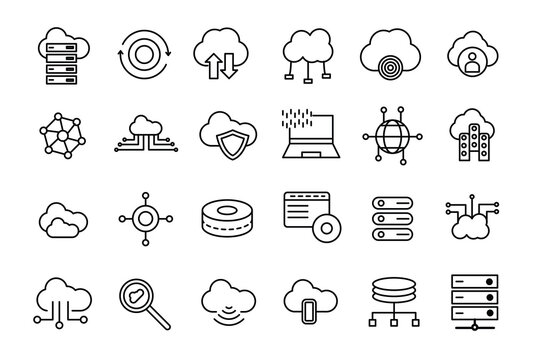 Set of line icons related to server and cloud computing, cyber security, digital transformation. Thin line web icon set.