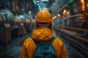 Worker in Orange Hard Hat Observing Machinery in Factory