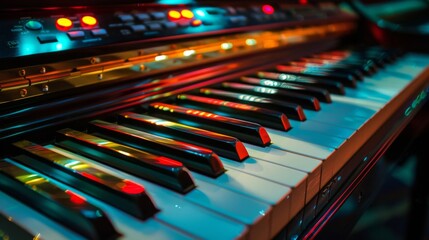 Vivid close-up shot of electronic keyboard keys with colorful stage lighting reflecting on the...