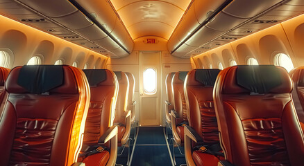 Empty airplane interior with rows of red seats and warm sunlight streaming through the cabin...