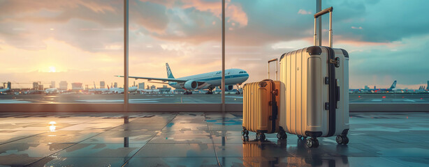 Two suitcases at an airport terminal during sunrise with airplanes in the background. Travel concept.